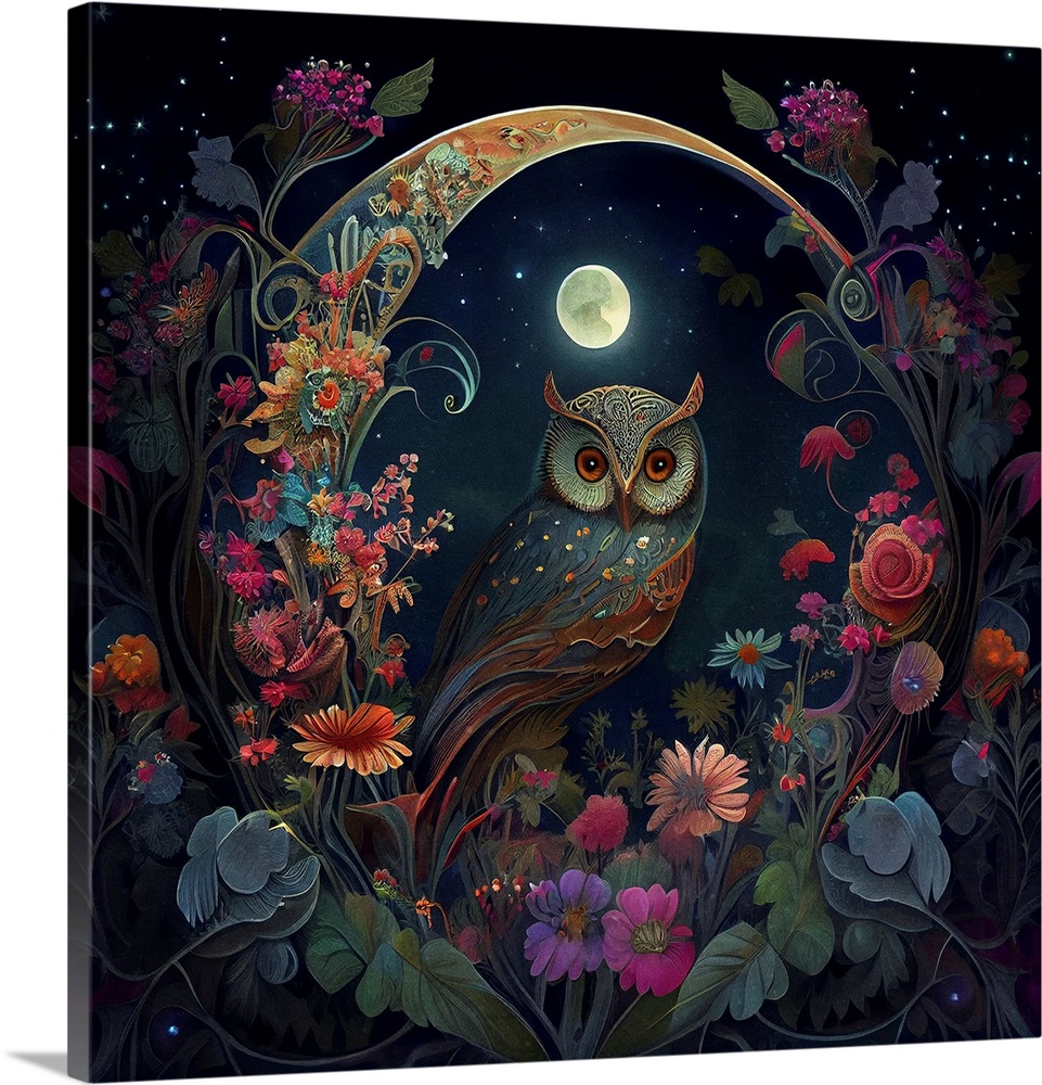 This image by JK Stewart for Duirwaigh Studios is an owl and a crescent moon surrounded by florals.