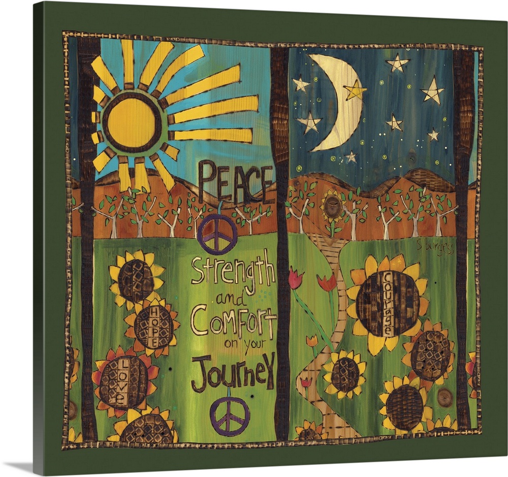 Peace Strength And Comfort On Your Journeysunflowers In Day And Night Scene With Saying
