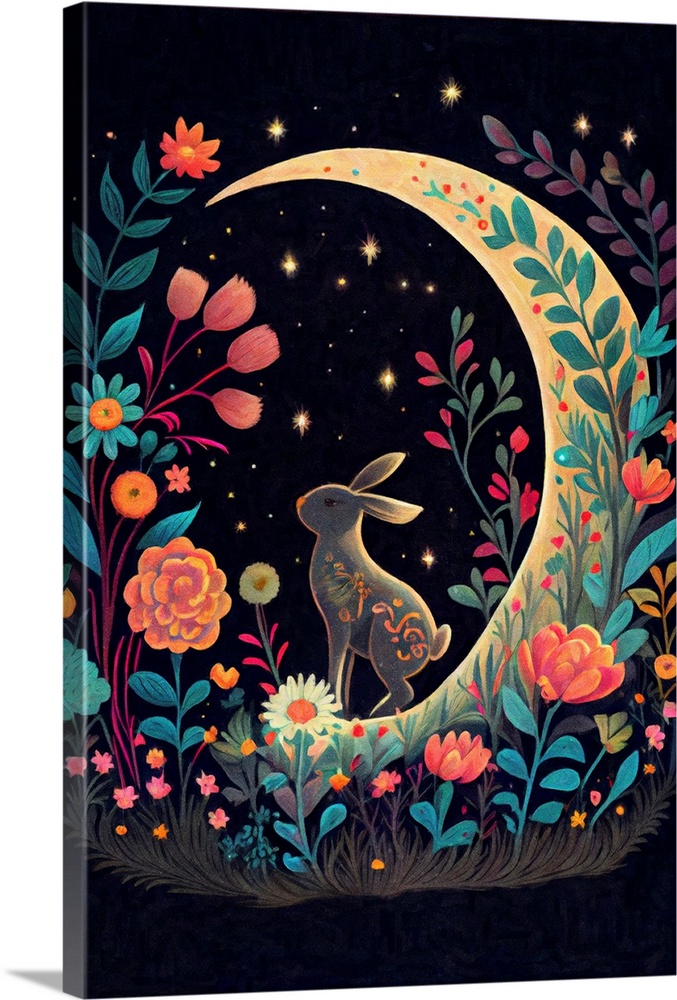 This image by JK Stewart for Duirwaigh Studios is of a rabbit on a crescent moon with florals at night.
