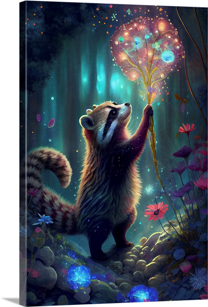 This image by JK Stewart for Duirwaigh Studios is of a raccoon in a lit forest.