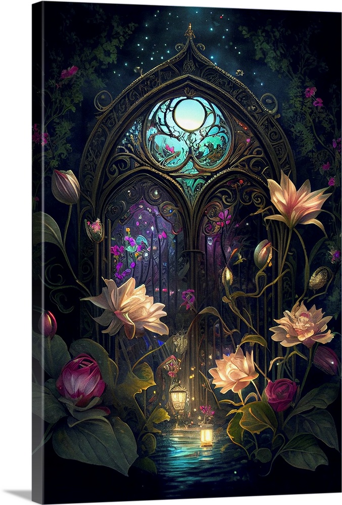 This image by JK Stewart for Duirwaigh Studios is of a secret gate in a lit garden.