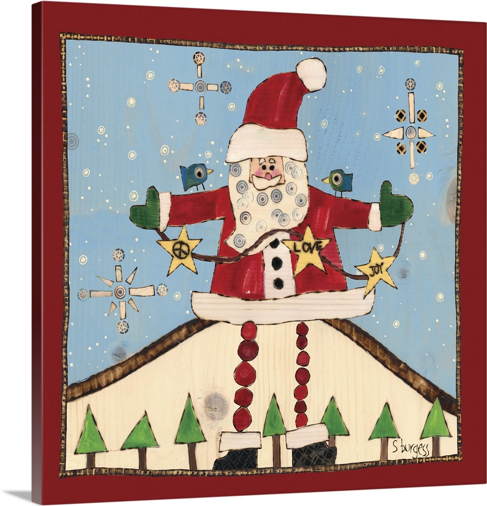 Santa in snow scene with trrees and snowflakes