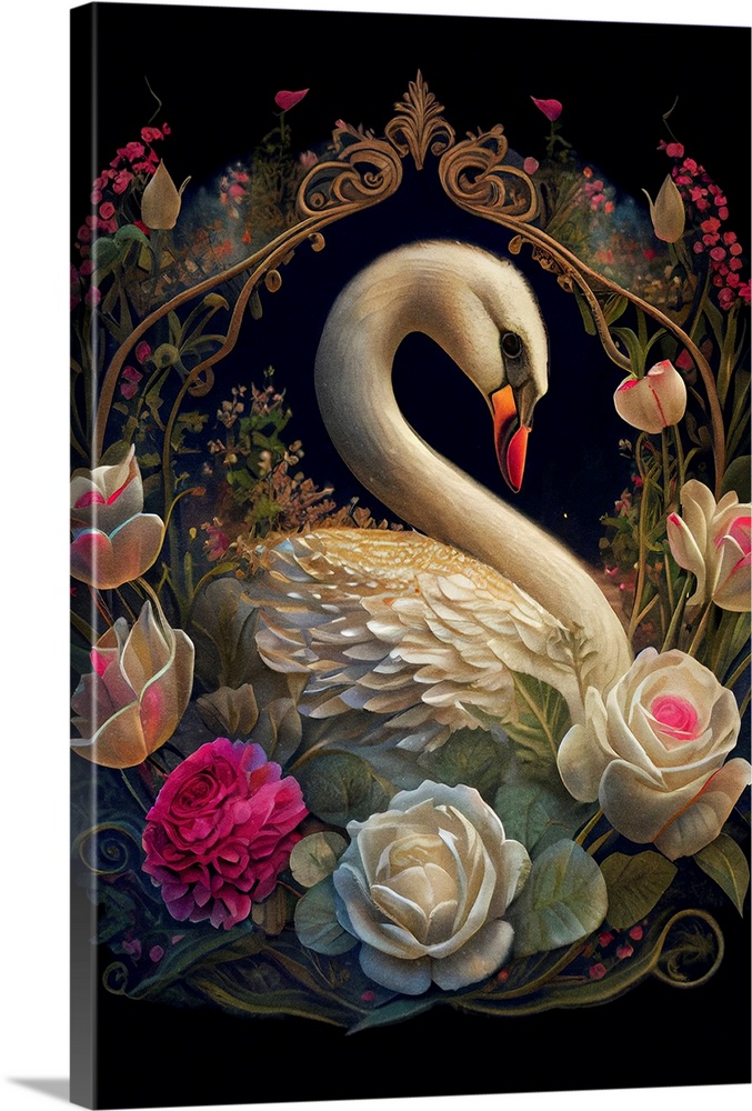 This image by JK Stewart for Duirwaigh Studios is of a swan surrounded by pink and white florals.