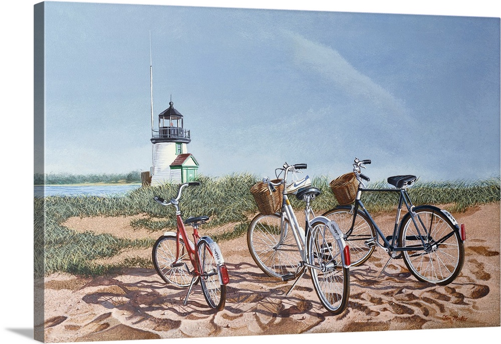 Three bicycles on a beach with a lighthouse.