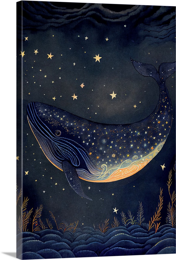 This image by JK Stewart for Duirwaigh Studios is of a whale swimming in the night sky.
