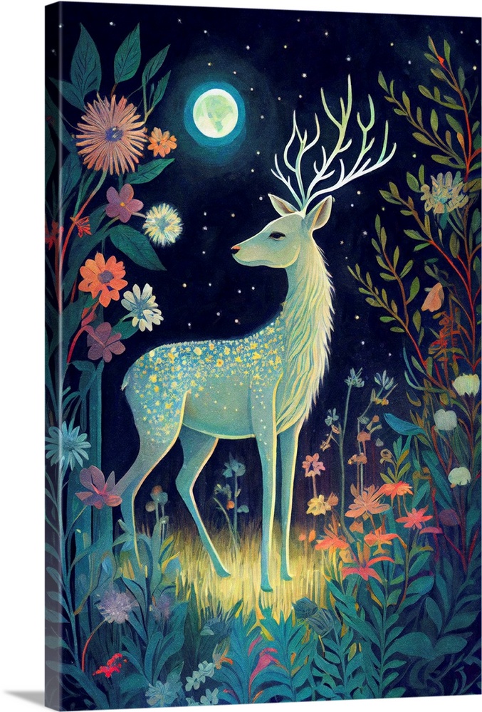 This image by JK Stewart for Duirwaigh Studios is of a deer in a field of flowers at night.