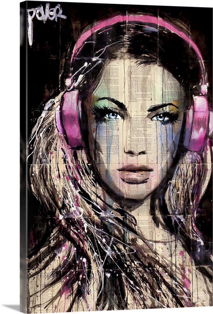 Contemporary urban artwork of a woman wearing pink headphones and looking at the viewer with a piercing gaze.