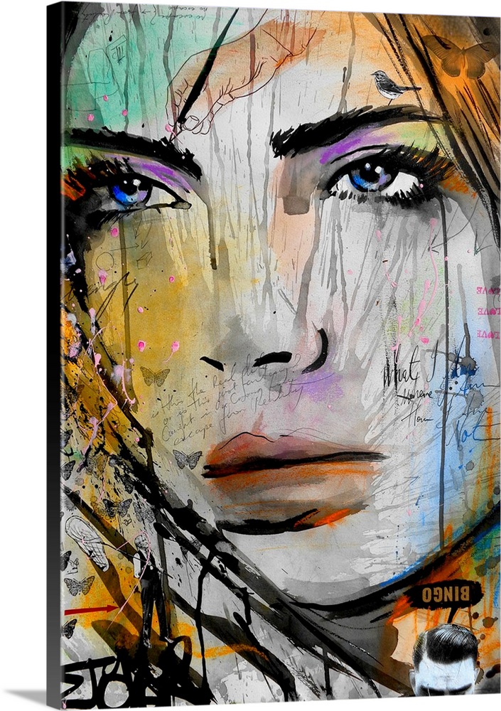 Contemporary urban artwork of a close-up of a woman's face with splashes of vibrant color around her face and piercing pur...