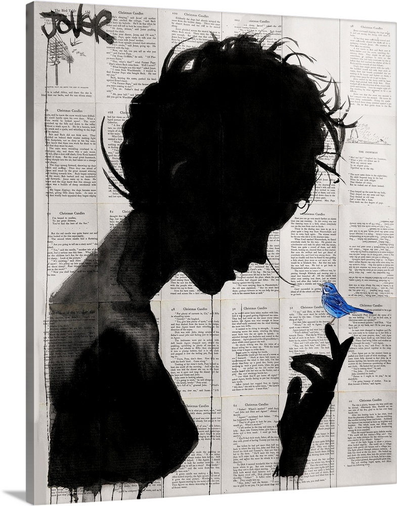 Contemporary urban artwork of a silhouetted woman in profile with a blue bird perched on her finger against a background o...