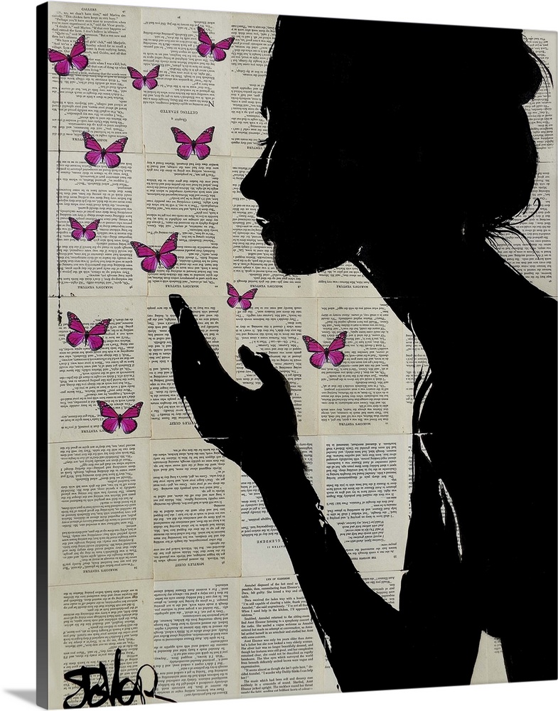 Contemporary urban artwork of a silhouetted woman in profile with her hand near fluttering pink butterflies against a back...