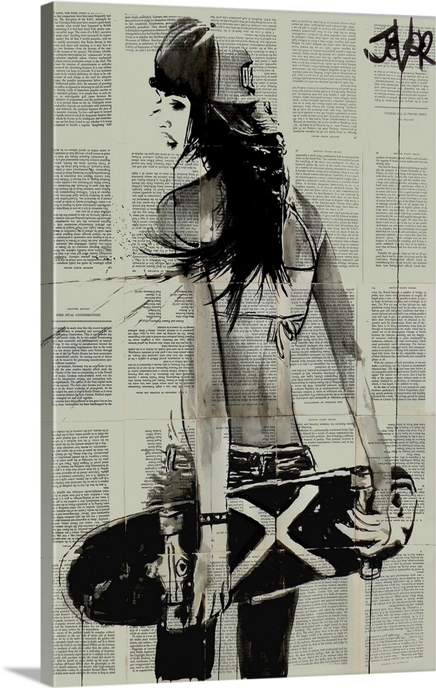 Contemporary urban artwork of a woman holding a skateboard behind her back against a background of tiled book pages.