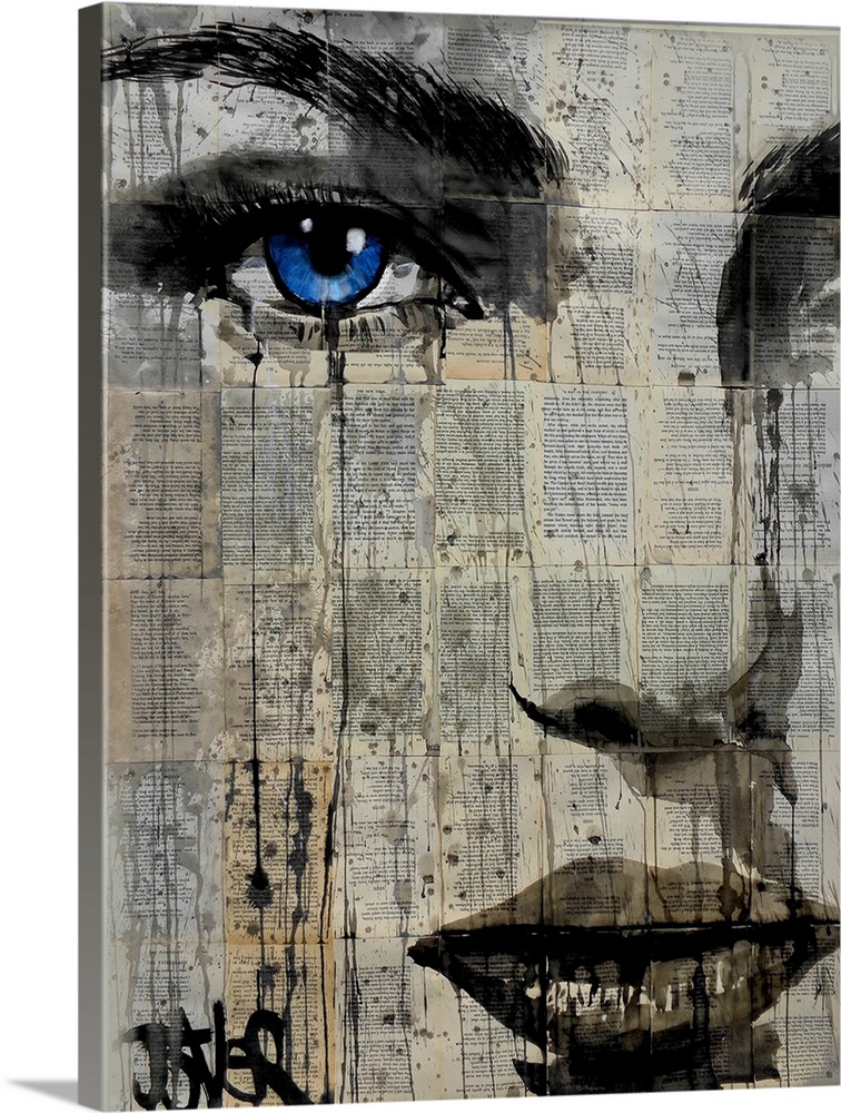Contemporary urban artwork of a close-up of a woman's face with deep blue eyes against a background of tiled book pages.