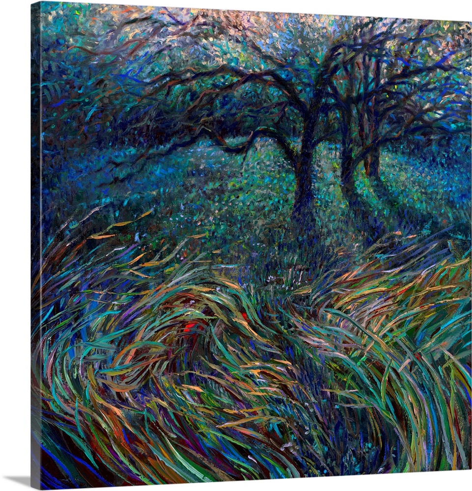 Brightly colored contemporary artwork of trees in a field.