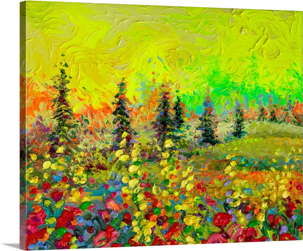 Brightly colored contemporary artwork of a landscape painting with trees.
