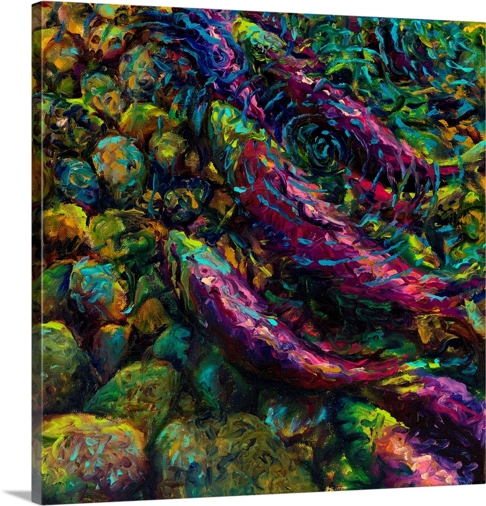 Brightly colored contemporary artwork of sockeyes in water.
