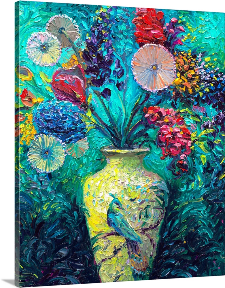 Brightly colored contemporary artwork of flowers in a vase.