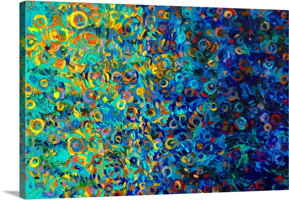 Brightly colored contemporary artwork of a fingerpainting made with blues, yellows, and oranges.