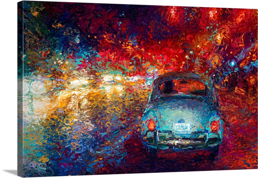 Brightly colored contemporary artwork of a blue car driving at night.