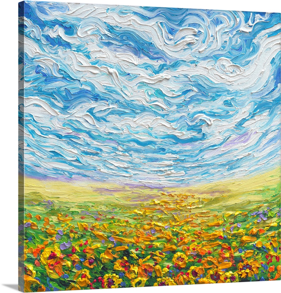 Brightly colored contemporary artwork of a landscape with sunflower field.