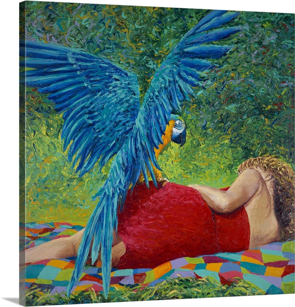 Brightly colored contemporary artwork of a parrot resting on woman.