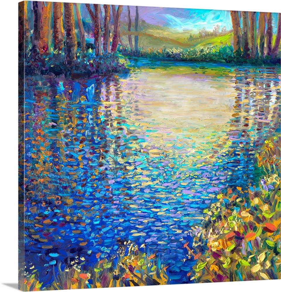 Brightly colored contemporary artwork of a landscape with a pond.