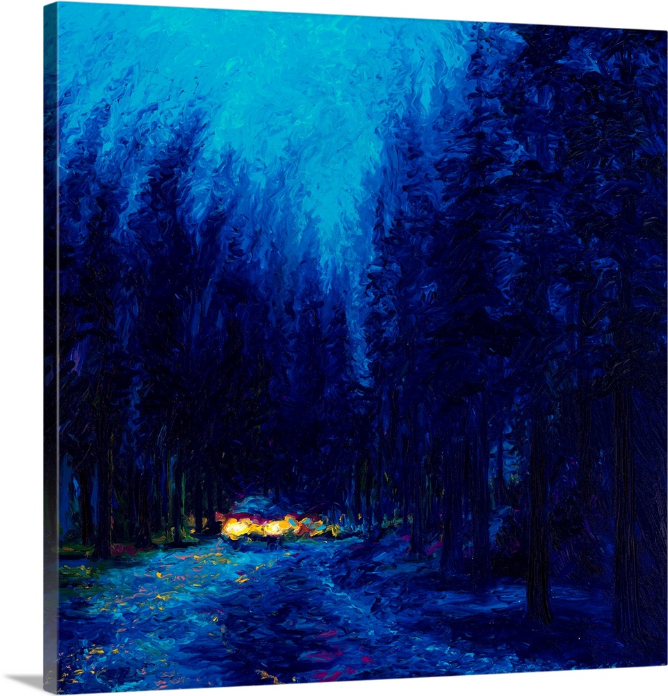 Brightly colored contemporary artwork of a road in redwoods at night.
