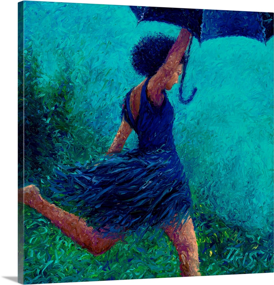 Brightly colored contemporary artwork of a woman running in the rain.
