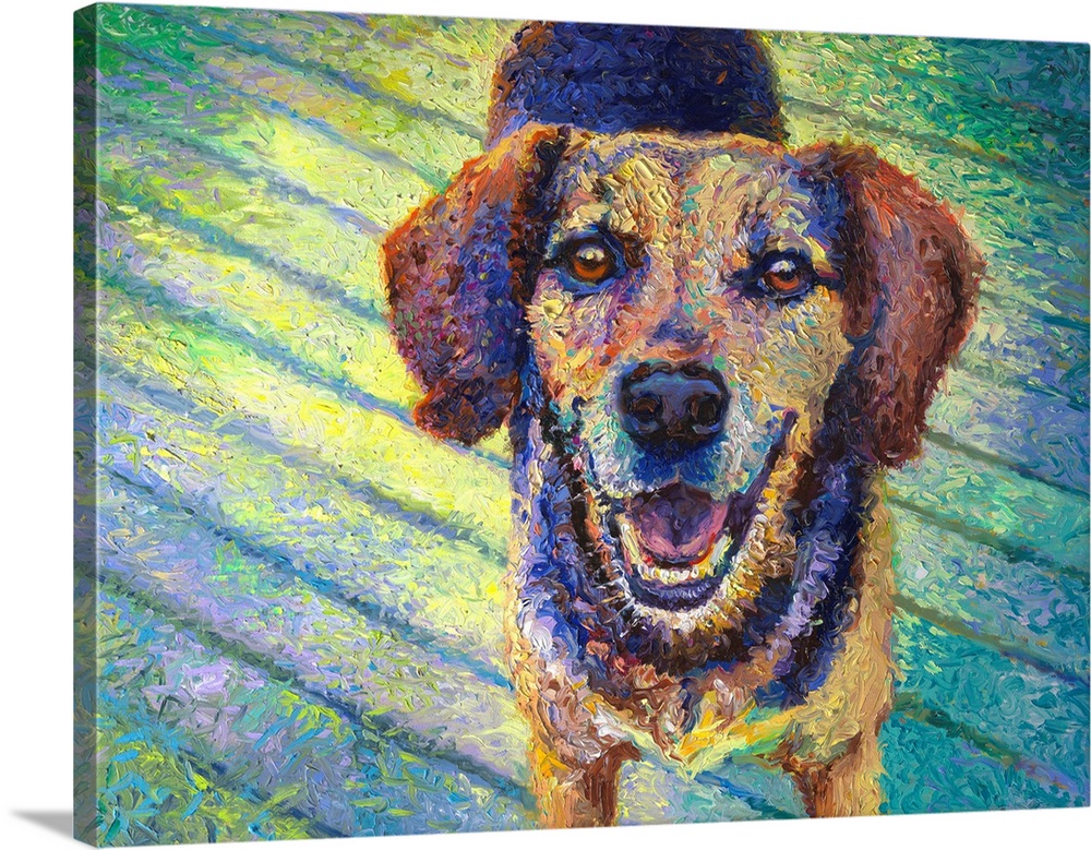 Brightly colored contemporary artwork of a happy dog.