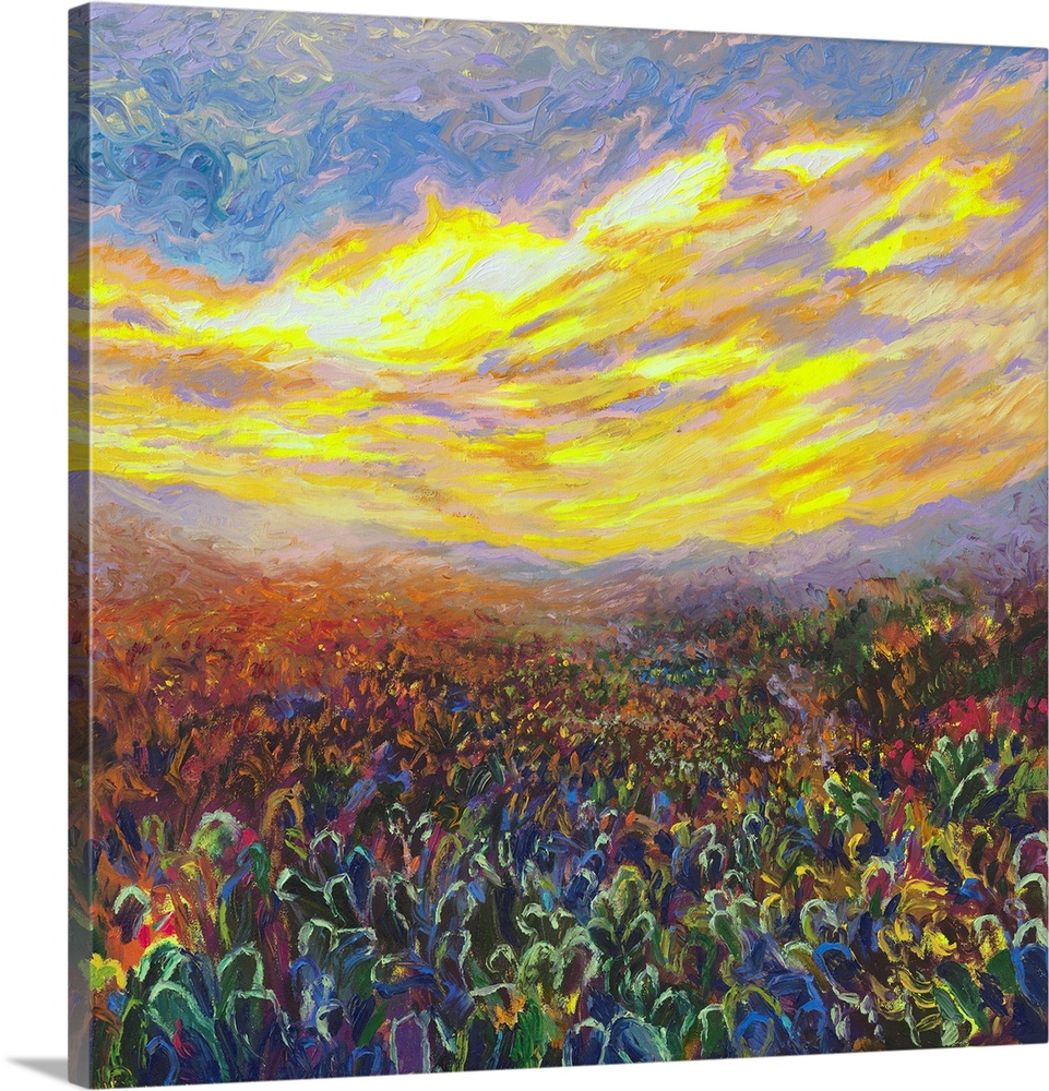 Brightly colored contemporary artwork of a field of cacti at sunrise.