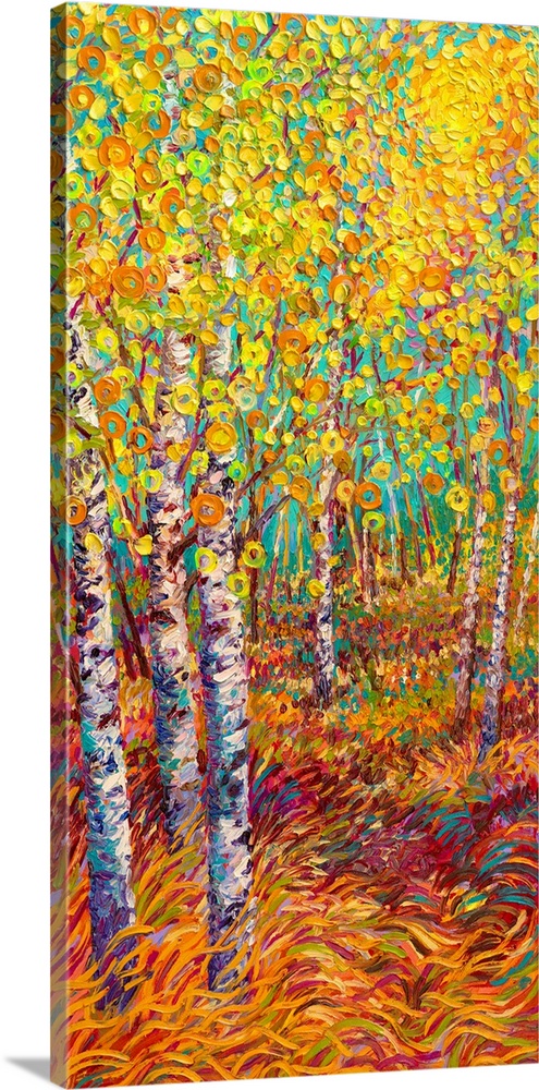 Brightly colored contemporary artwork of a landscape painting of trees.