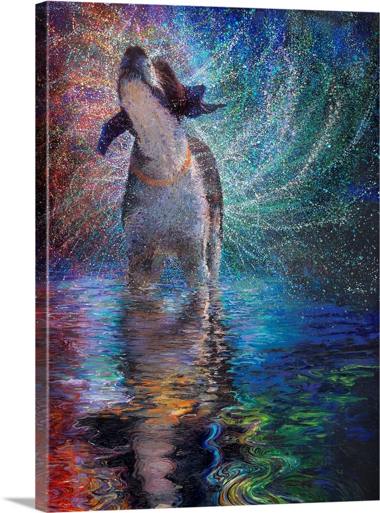 Brightly colored contemporary artwork of a dog shaking off water with reflection.
