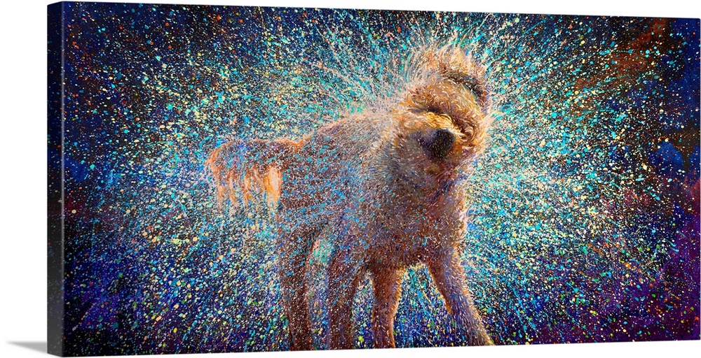 Brightly colored contemporary artwork of a white dog shaking off water.
