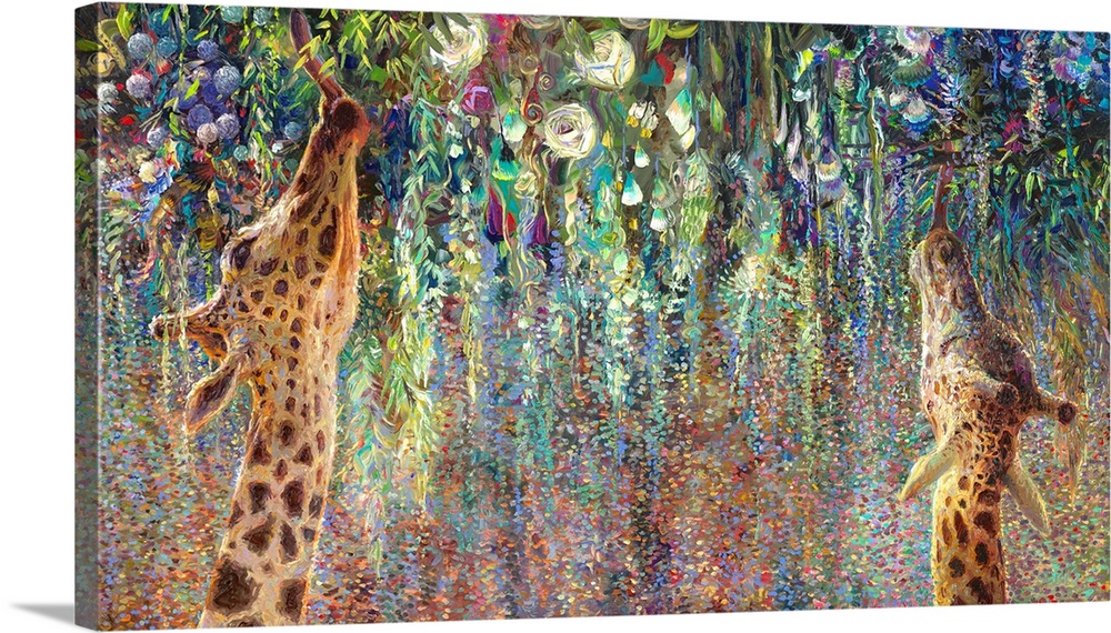 Brightly colored contemporary artwork of two giraffes eating from hanging flowers.