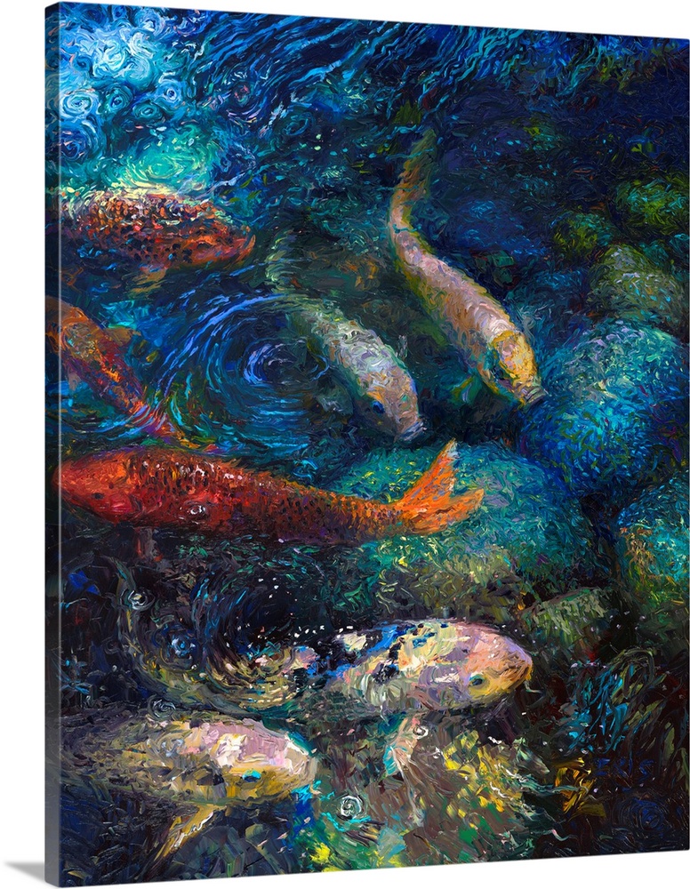 Brightly colored contemporary artwork of a fish in water.