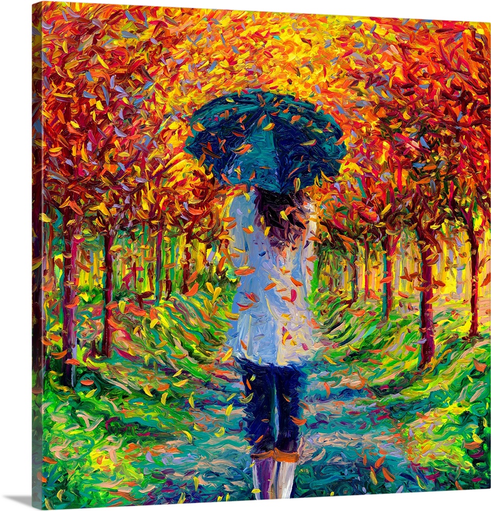 Brightly colored contemporary artwork of a woman walking through trees.
