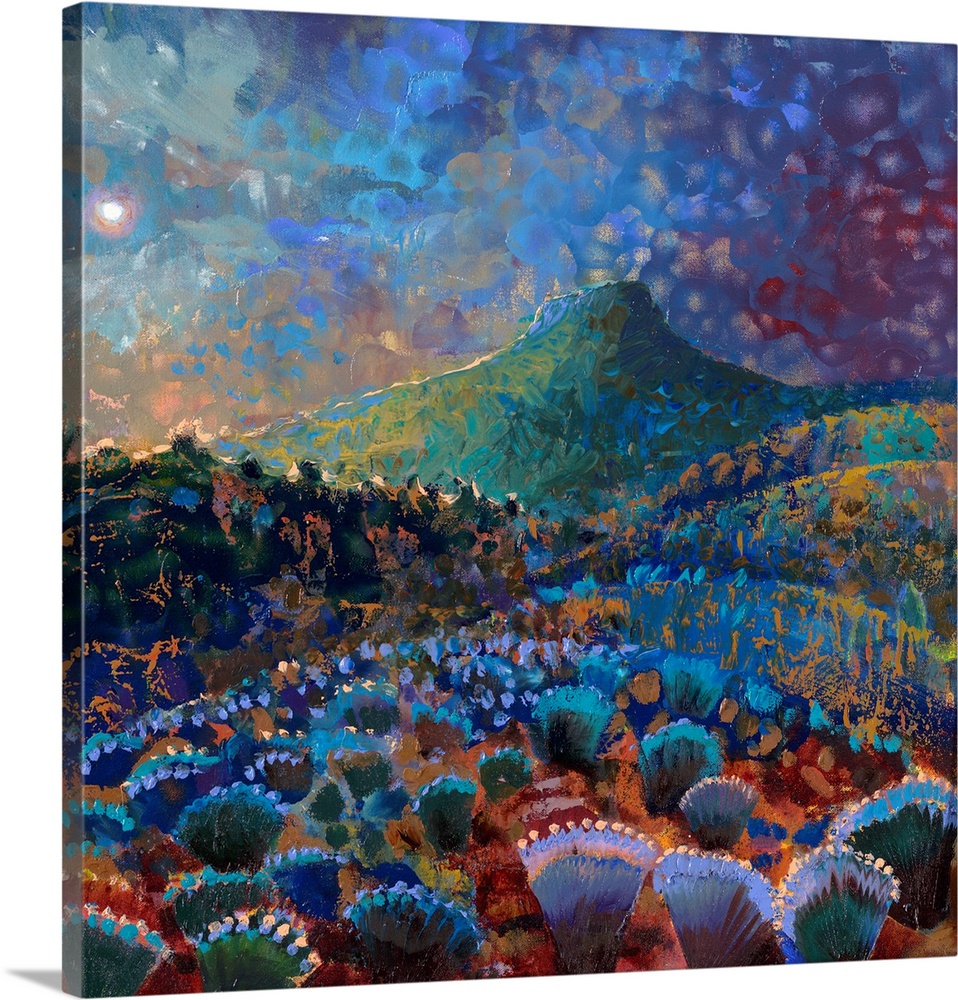 Brightly colored contemporary artwork of a colorful landscape of cacti.