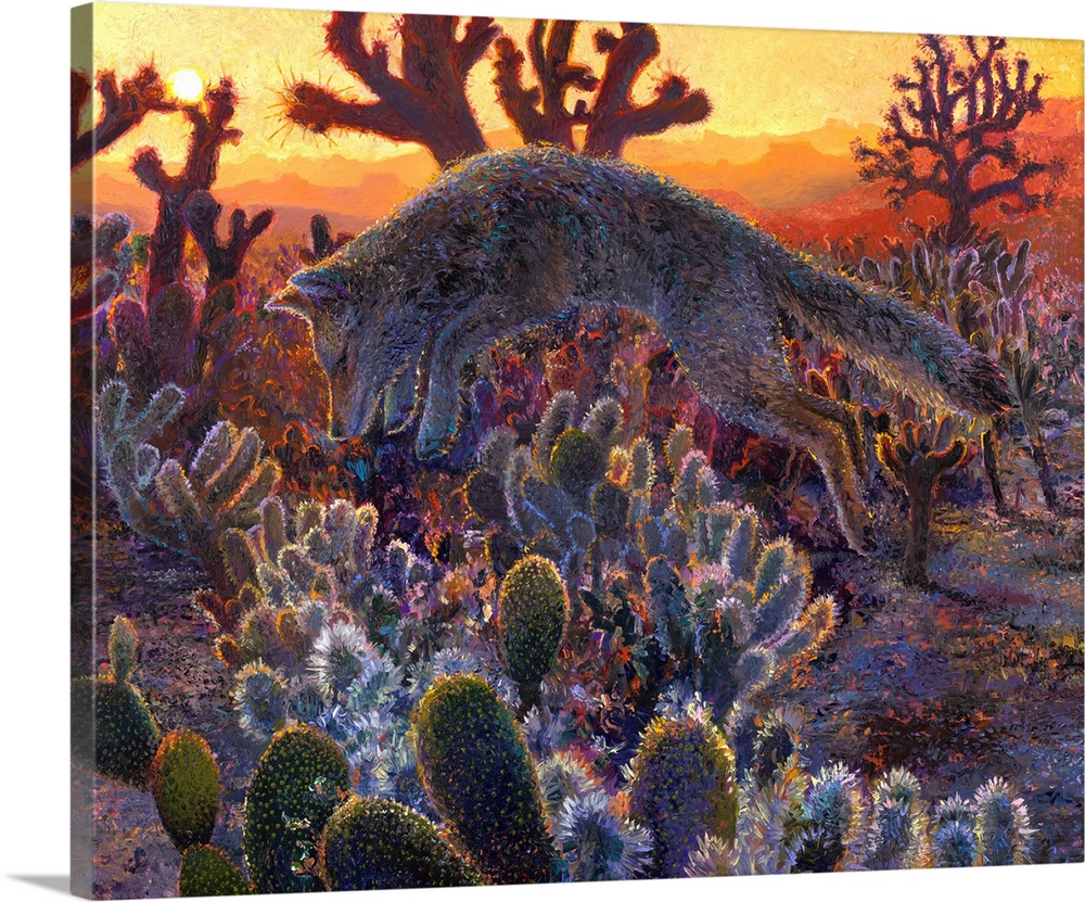 Brightly colored contemporary artwork of a fox pouncing in the desert.