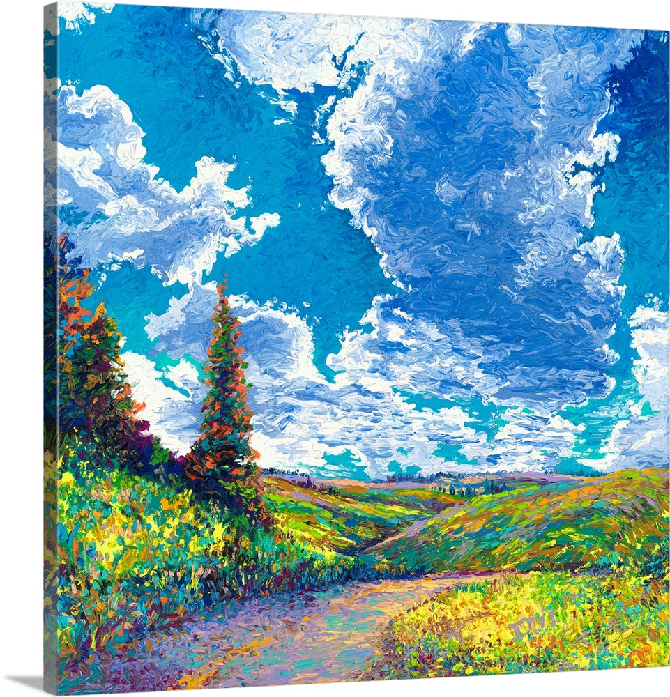 Brightly colored contemporary artwork of a landscape with road and trees.