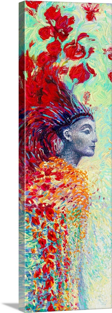Brightly colored contemporary artwork of a statue with red flowers and feathers.