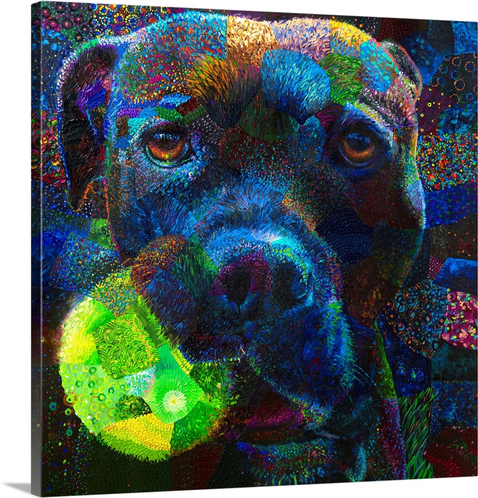 Brightly colored contemporary artwork of a dog with a ball.