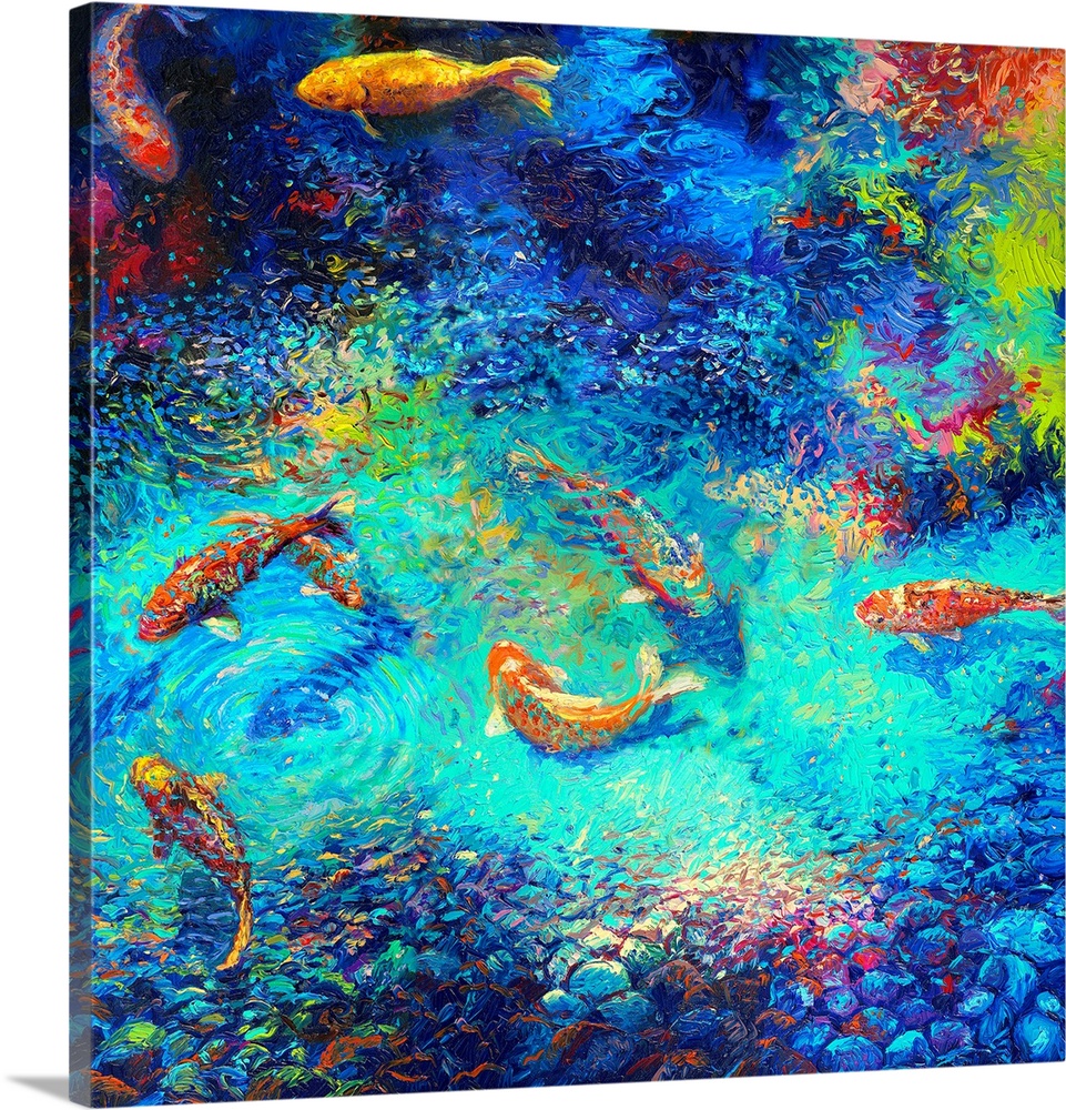 Brightly colored contemporary artwork of a colorful painting of koi fish in water.