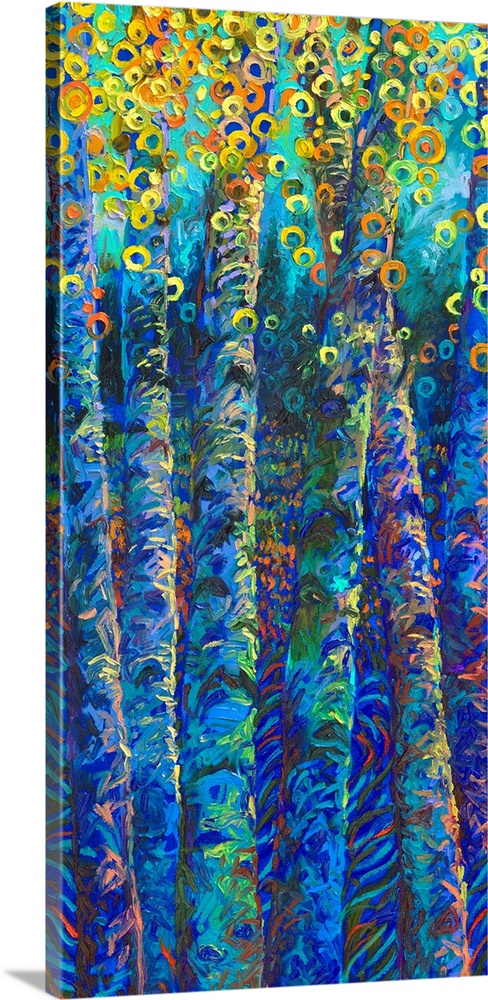 Brightly colored contemporary artwork of colorful trees.