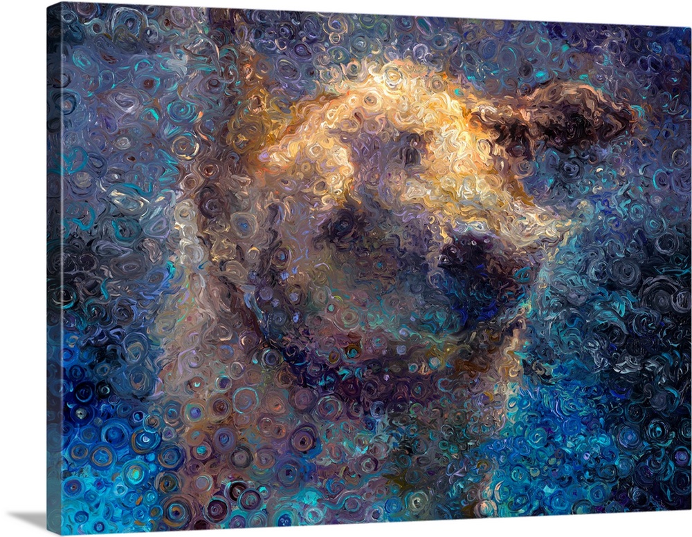 Brightly colored contemporary artwork of an abstract dog with bubbles.