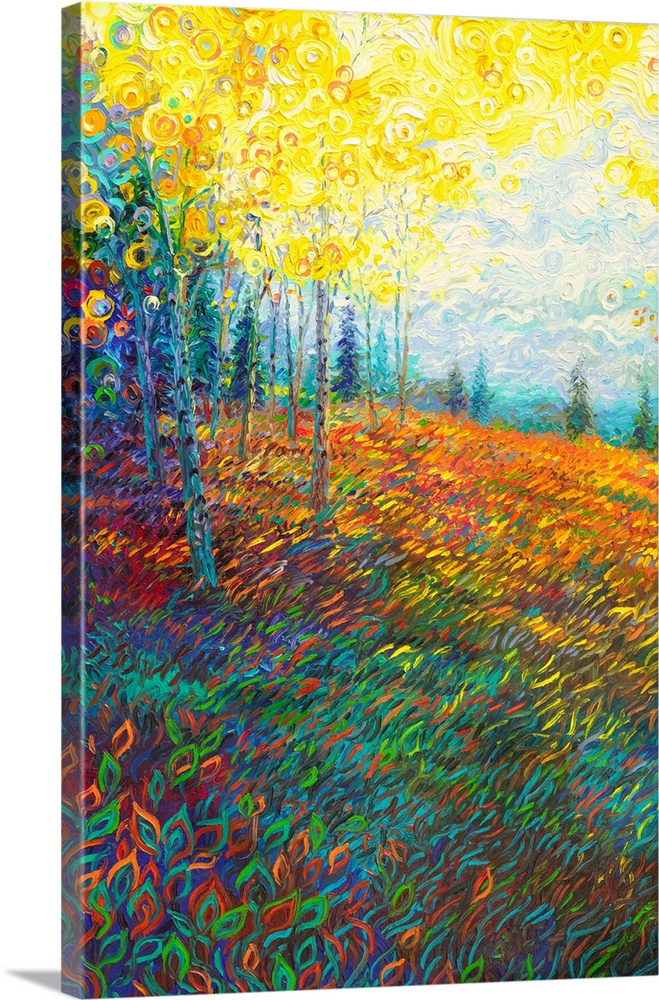 Brightly colored contemporary artwork of a landscape of trees in a field.