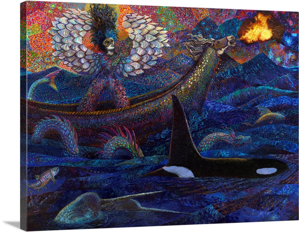 Brightly colored contemporary artwork of a pisces alongside marine animals.
