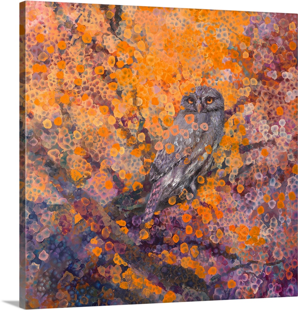 Brightly colored contemporary artwork of a owl sitting in a tree.