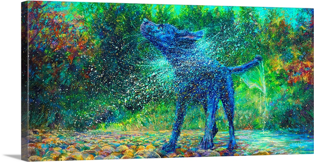 Brightly colored contemporary artwork of a dog shaking off water in a creek.