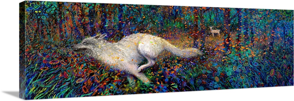Brightly colored contemporary artwork of a white fox running through the woods.