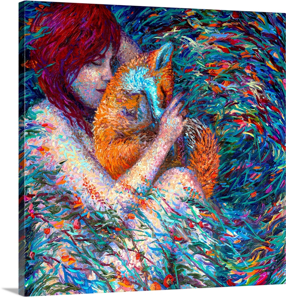 Brightly colored contemporary artwork of a woman holding a fox.