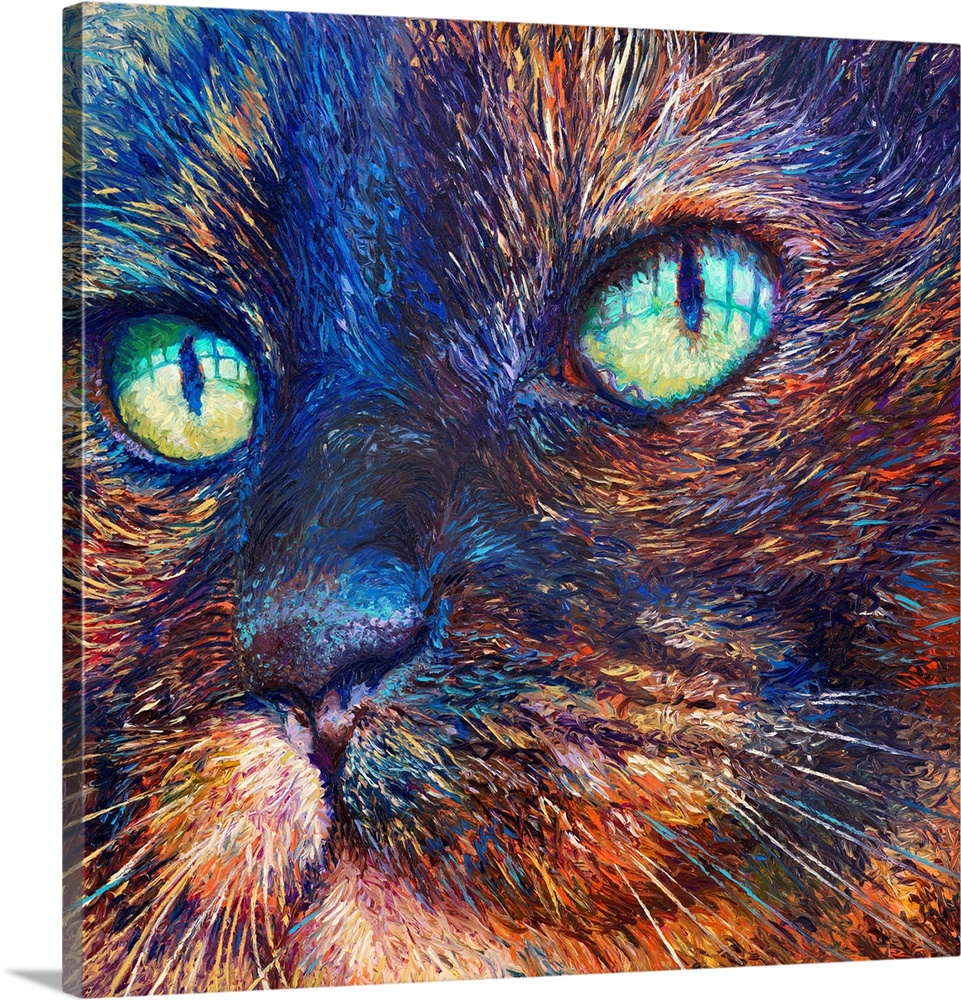 Brightly colored contemporary artwork of a close up of a cat.